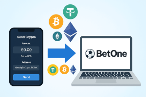 BetOne虛擬貨幣提款流程圖，展示USDT、BTC、ETH轉帳
